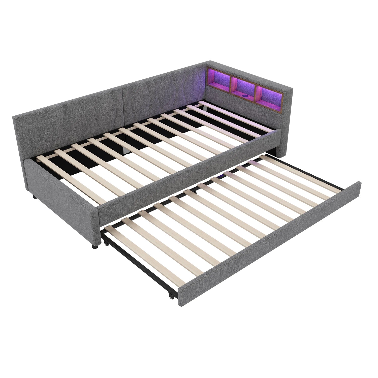 Merax Tagesbett 90x200 cm Mit Ablagefach USB Typ C LED Ausziehbett Leinen Grau