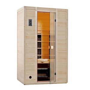 Weka Infrarotkabine Vaala 2 mit Linienstrahlern und Glastür aus Fichtenholz.