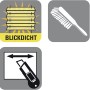 Symbole für Gardinia Plissee: blickdicht, Reinigungsbürste, Kürzbar.