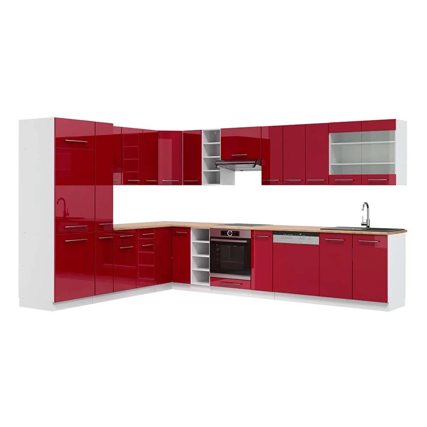 Vicco Eckküche Fame-Line Bordeaux Hochglanz/Weiß 347 x 82, AP Eiche