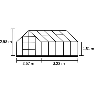 Skizze Halls Gewächshaus Magnum 108 Alu mit Maßangaben (H 258cm, B 257cm, T 322cm) für Garten.