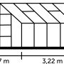 Skizze Halls Gewächshaus Magnum 108 Alu mit Maßangaben (H 258cm, B 257cm, T 322cm) für Garten.