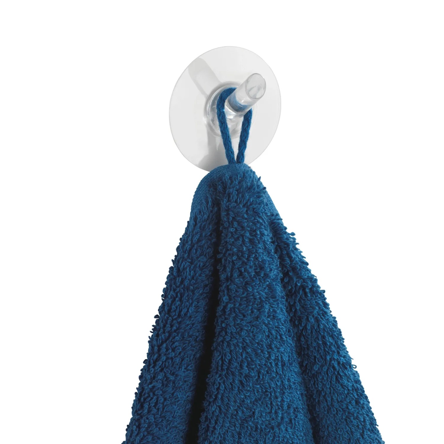 Transparenter Wenko Static-Loc Haken mit blauem Handtuch. Handtuchhalter für Bad und Küche.