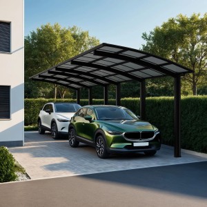 Schwarzer Ximax Alu Carport Portoforte Tandem für zwei Autos, transparente Dachplatten.