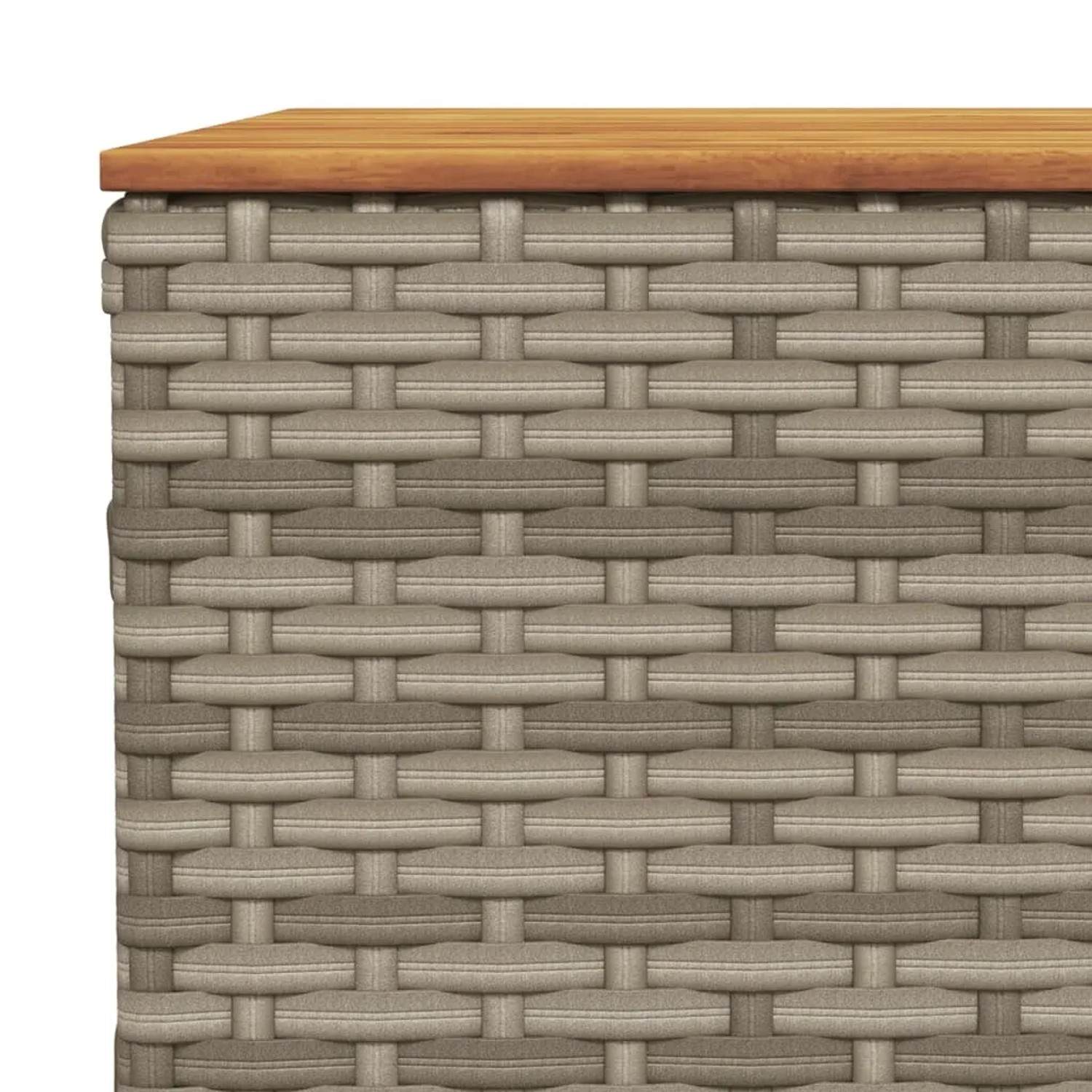 Detailansicht: Graue vidaXL Garten-Sofagarnitur aus Polyrattan mit Akazienholz-Tischplatte.