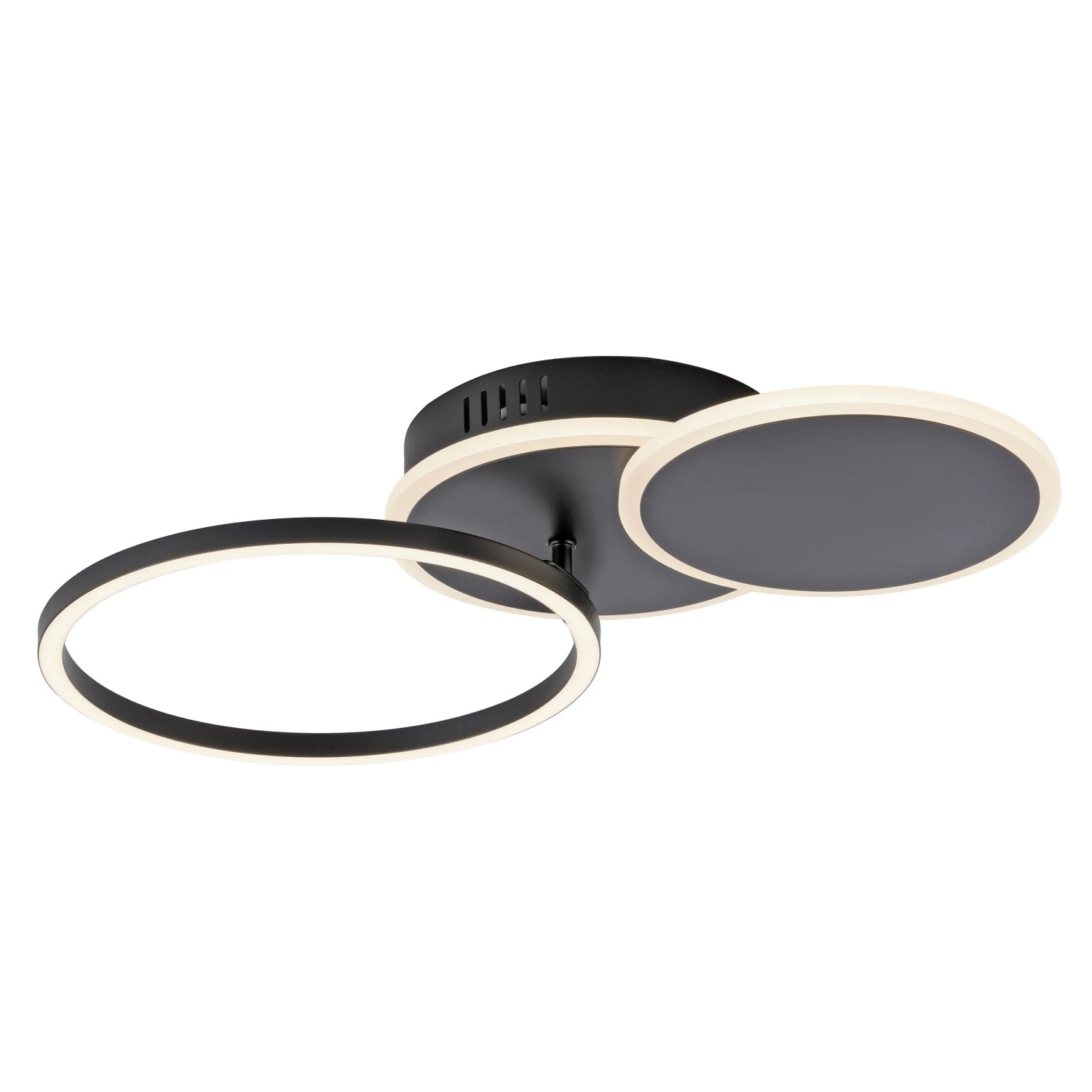 Moderne schwarze LED-Deckenleuchte Sevent von Just Light mit schwenkbaren Ringen.