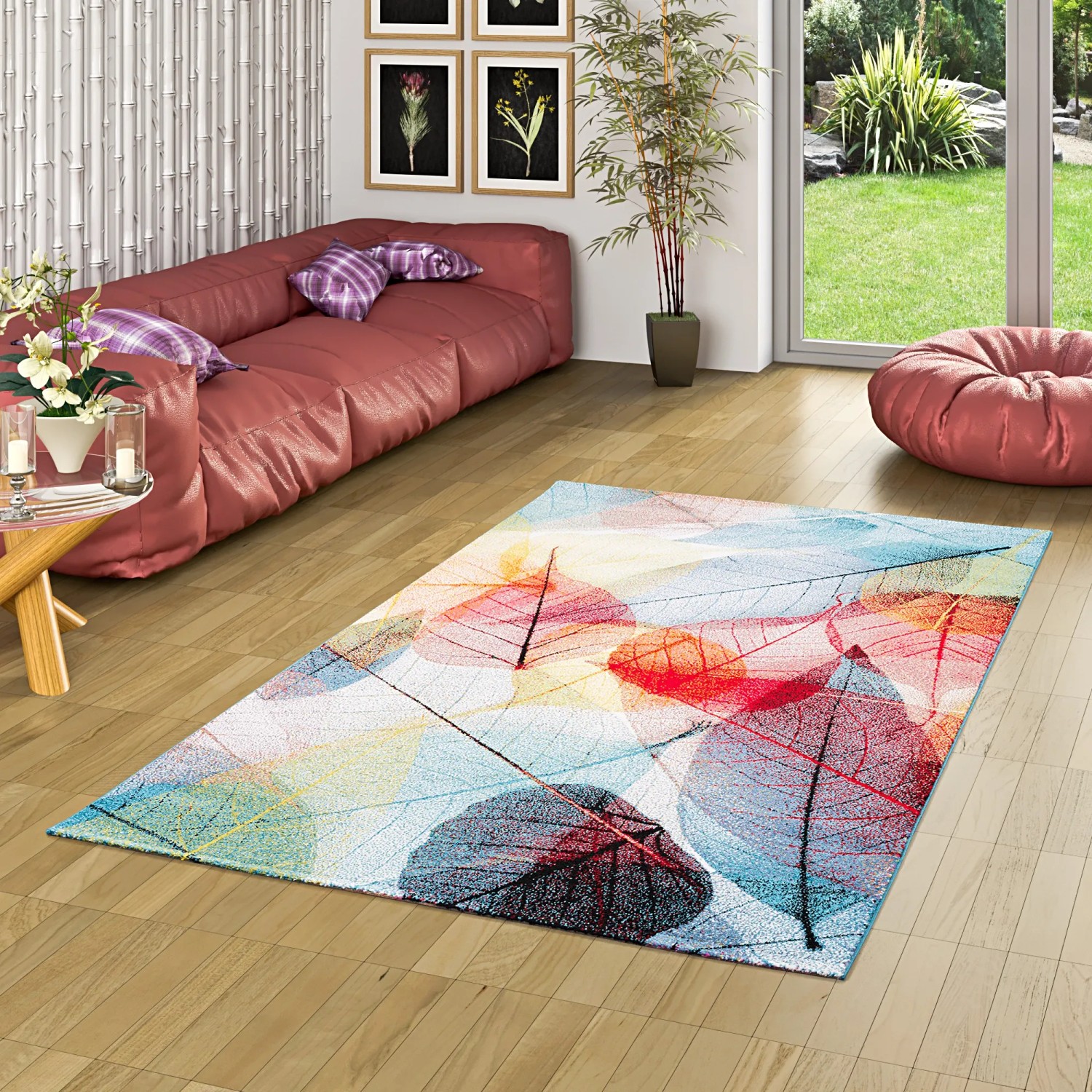 Bunter Designer Teppich Faro mit tropischen Blättern, 140x200cm. Kurzflorteppich für Wohnräume.