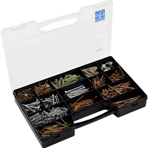 LUX Holzschrauben Sortiment, 620-teilig, mit Schrauben, Dübeln und Abdeckkappen im Sortimentskasten.