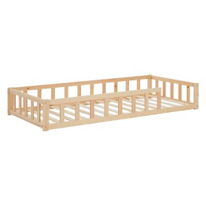 Naturfarbenes Homestyle4u Kinderbett 90x200 cm mit Rausfallschutz, Lattenrost und Matratze.