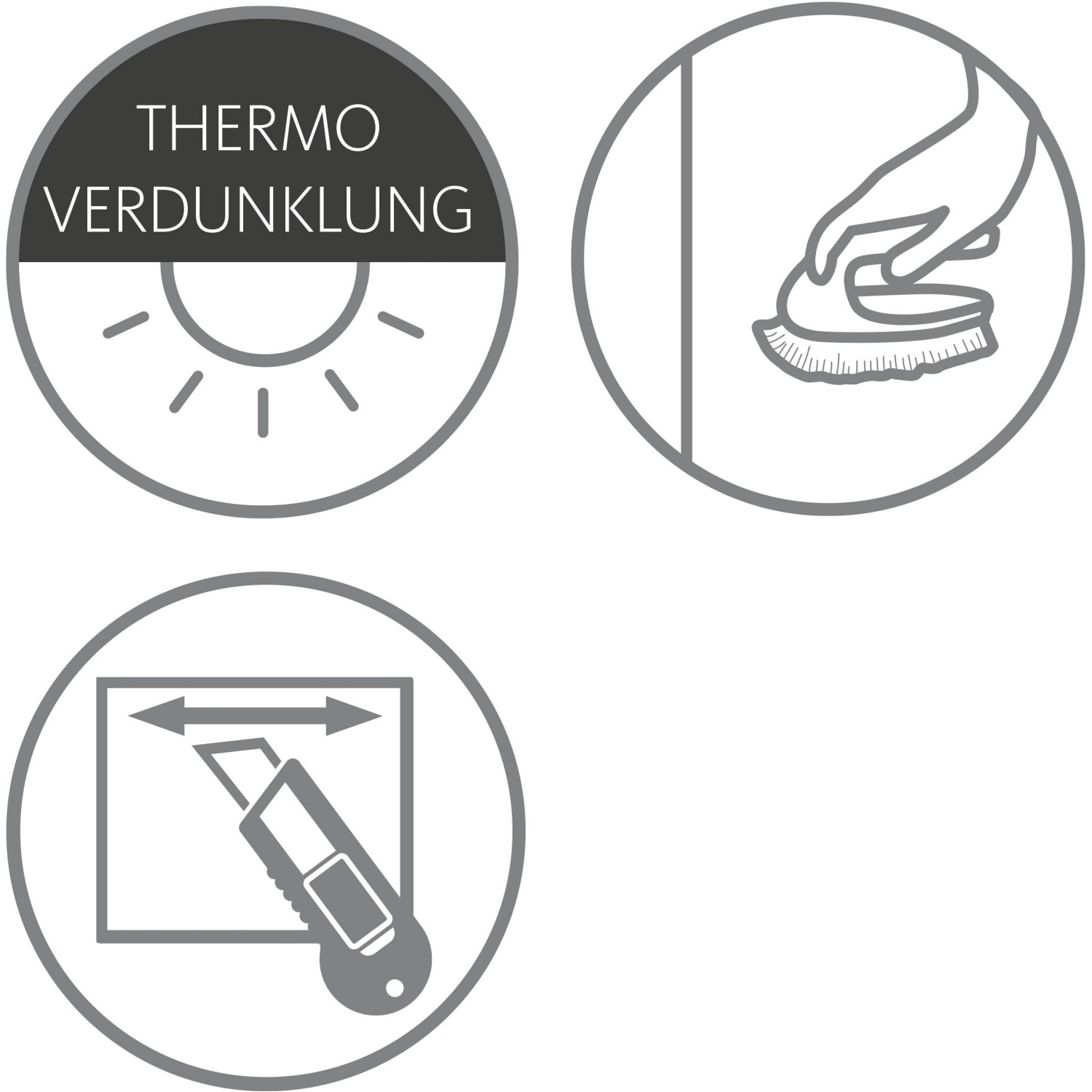 Symbole für Thermo-Rollo: Verdunkelung, Reinigung, Zuschnitt mit Messer.