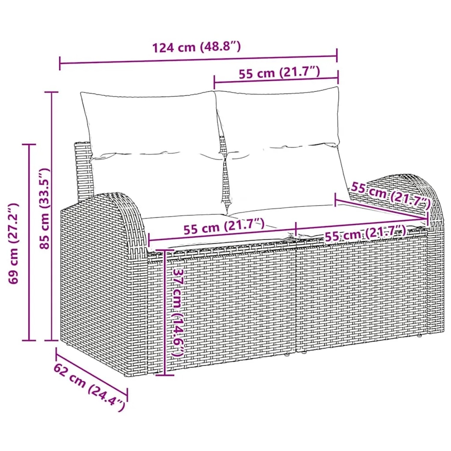 Graues 6-tlg. Garten-Sofa-Set aus Poly Rattan mit Kissen und Tisch, Maße eingezeichnet.