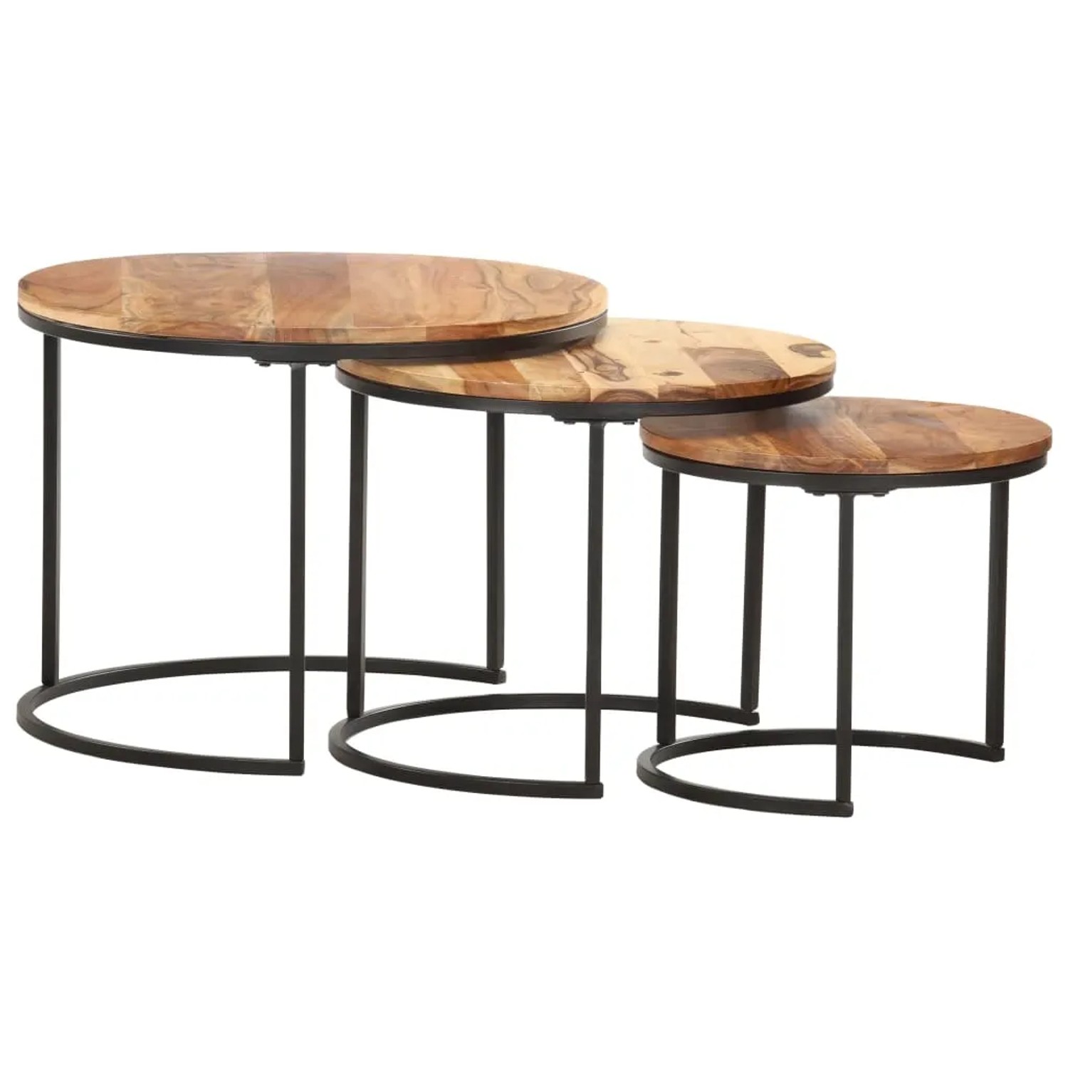 Satztische 3er Set aus Akazienholz mit schwarzem Metallgestell. Beistelltische im Wohnzimmer oder als Couchtische.