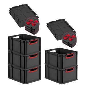 PROREGAL SparSet 5x Eurobox Nextgen Color Mit Auflagedeckel HxBxT 22x30x40cm 20 Liter Schwarz Griffe Rot Offen Eurobehälter Transportbox