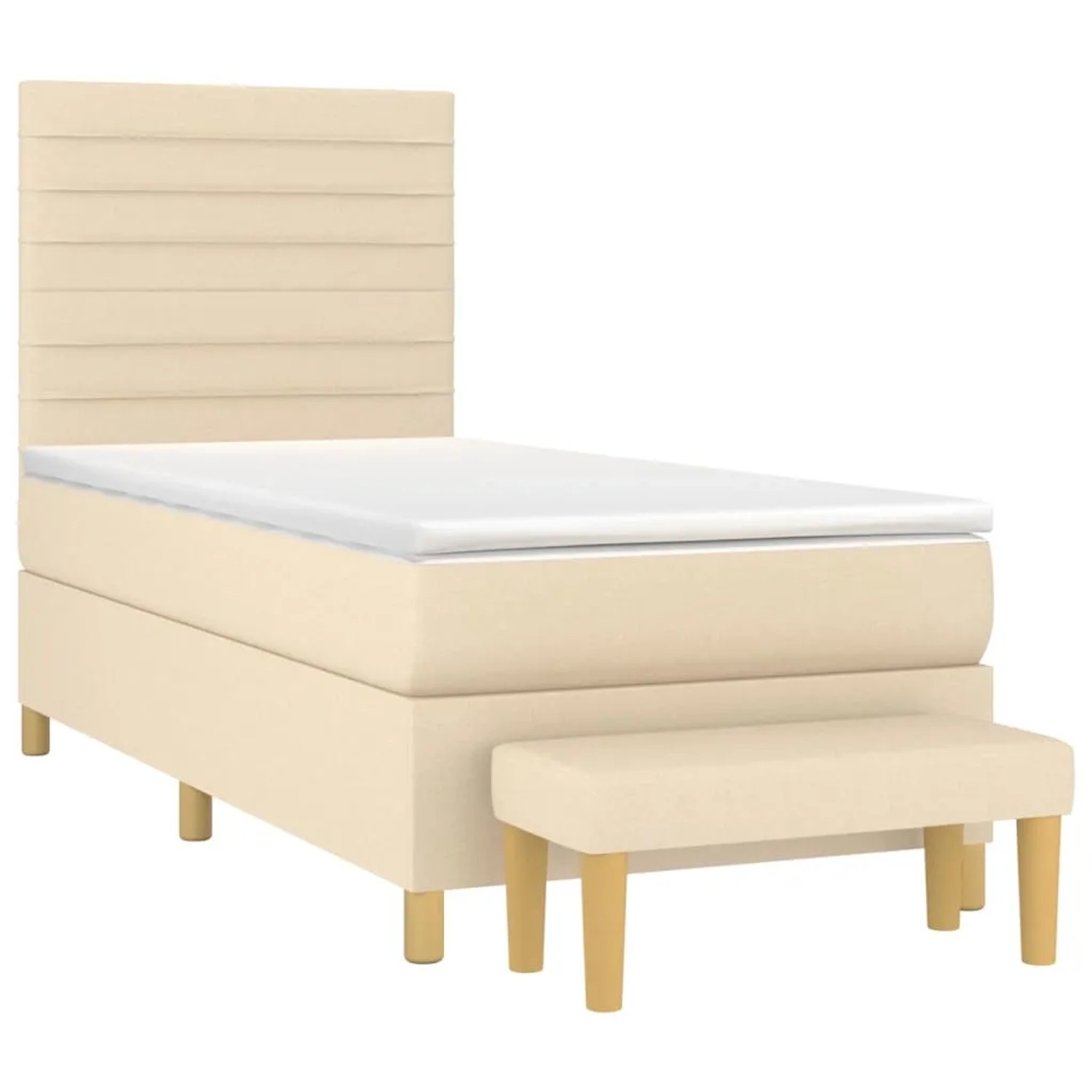 Cremefarbenes Boxspringbett (80x200 cm) mit Matratze und Bank, Stoffbezug.