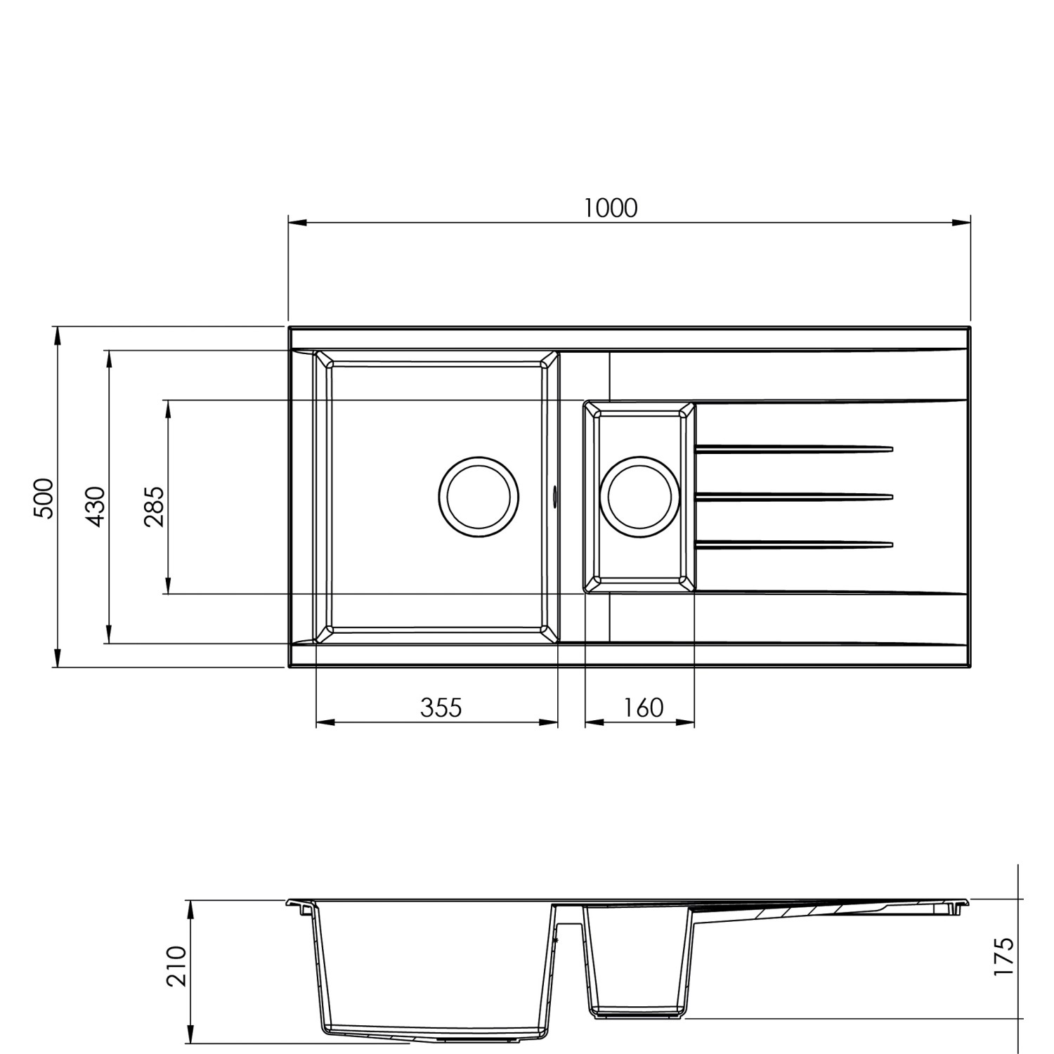 Technische Zeichnung der schwarzen Respekta Mineralite Houston Einbauspüle, 100x50 cm, mit Maßangaben.