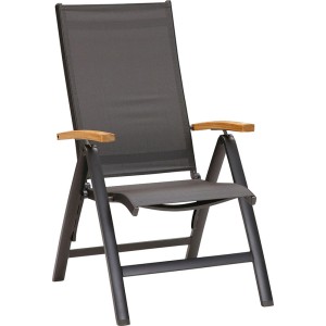 Klappsessel Cavalese in Anthrazit mit Teak-Armlehnen, Gartenstuhl klappbar und verstellbar.