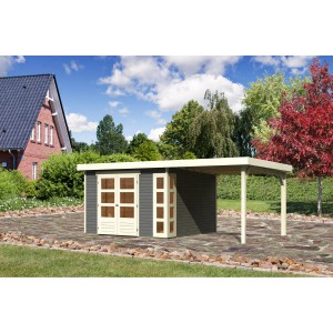Karibu Gartenhaus Sölve 6 in Terragrau mit Anbaudach, lackiertes Holz, 302x306 cm.