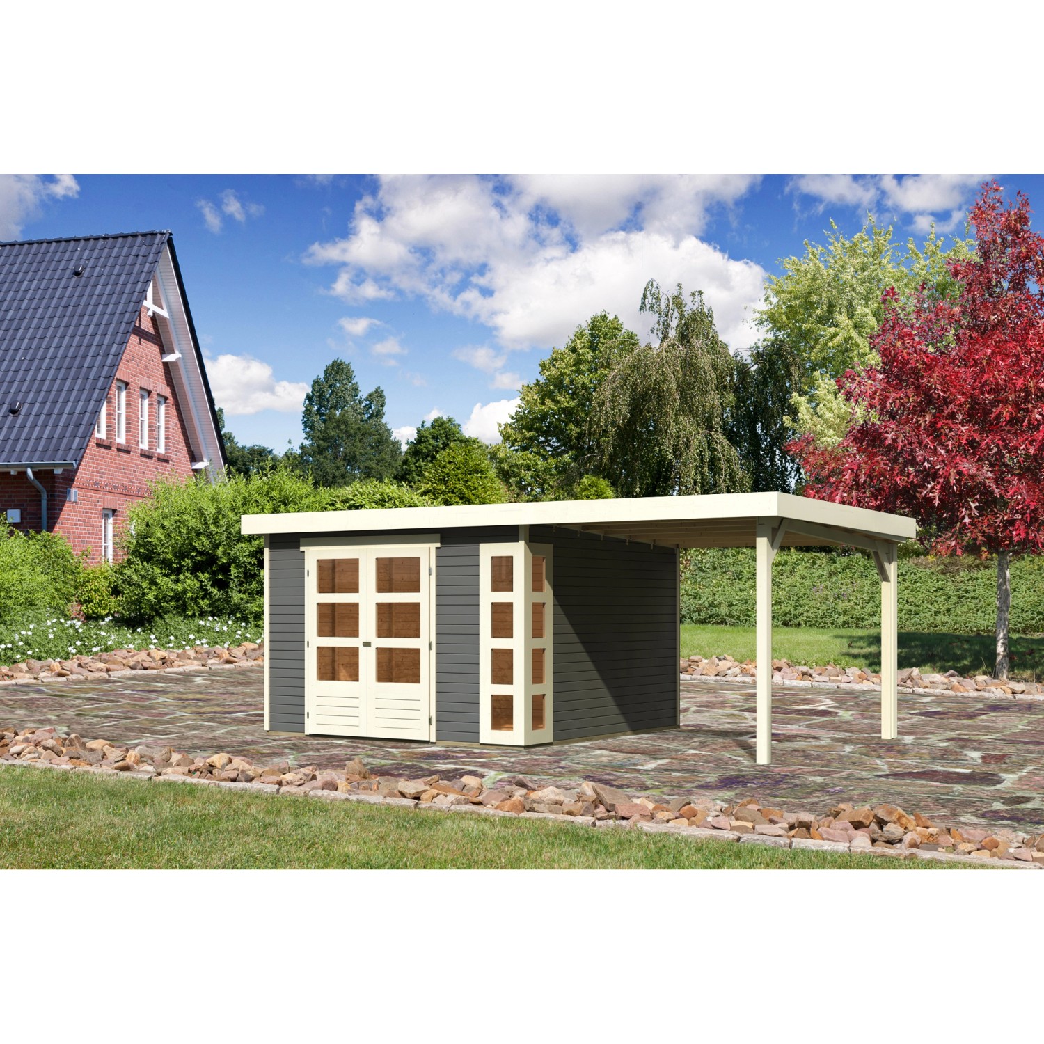 Karibu Gartenhaus Sölve 6 Terragrau 302 cm x 306 cm mit Anbaudach günstig online kaufen