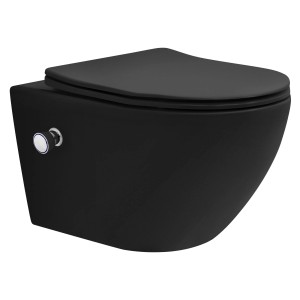 Schwarzes, spülrandloses LuxeBath Hänge WC mit Bidet-Funktion und Softclose-Sitz, 53,5 cm.