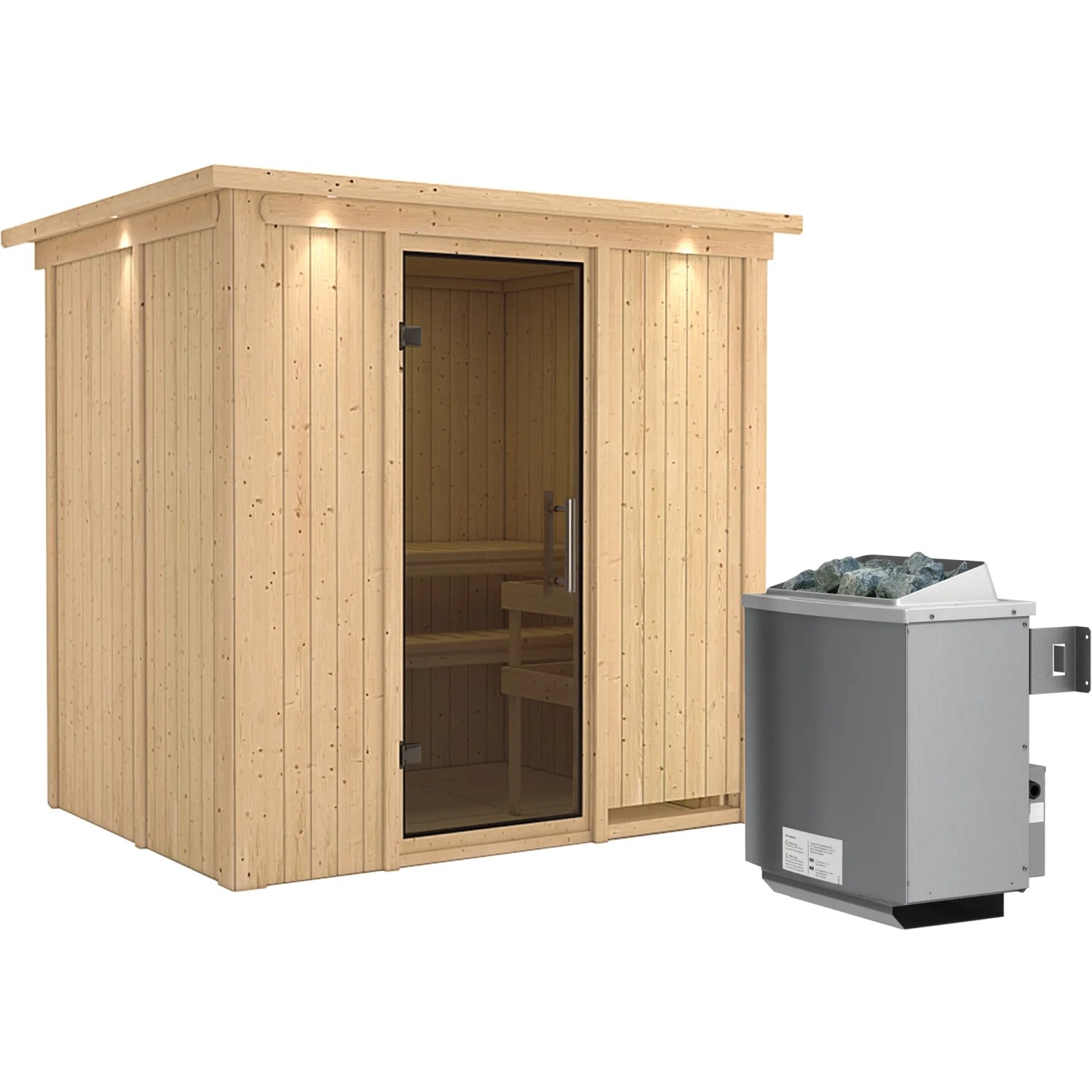 Karibu Sauna Bjarne inkl. Ofen 9 kW m. integr. Steuerung, Dachkranz, Tür Graphit