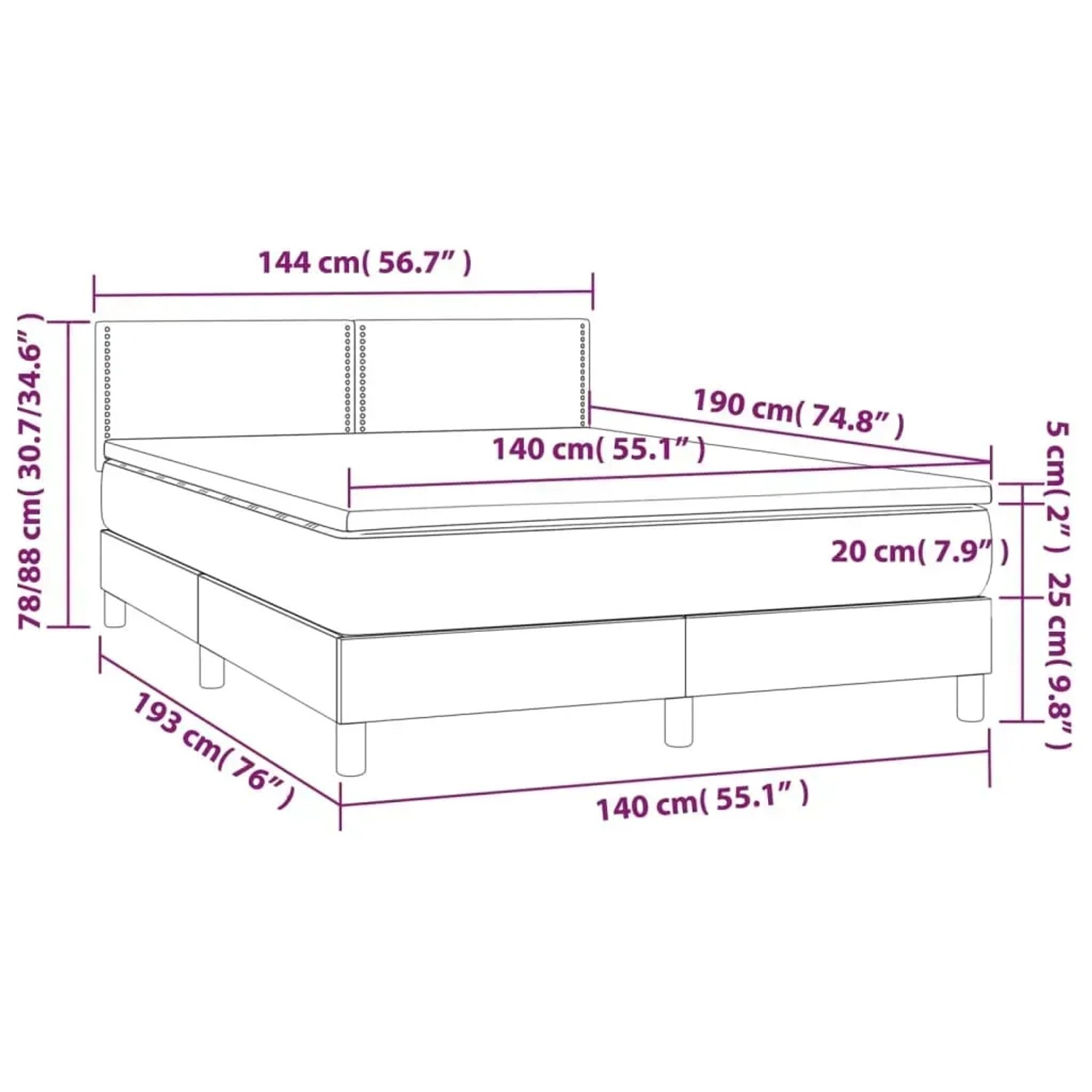 vidaXL Boxspringbett Creme, 140x190 cm, Stoff. Bett mit Matratze, Kopfteil und Matratzenauflage.