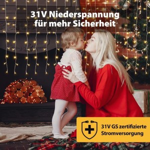 SALCAR LED Eisregen Lichtervorhang beleuchtet gemütlich. 31V Niederspannung für sichere Weihnachtsdekoration innen & außen.
