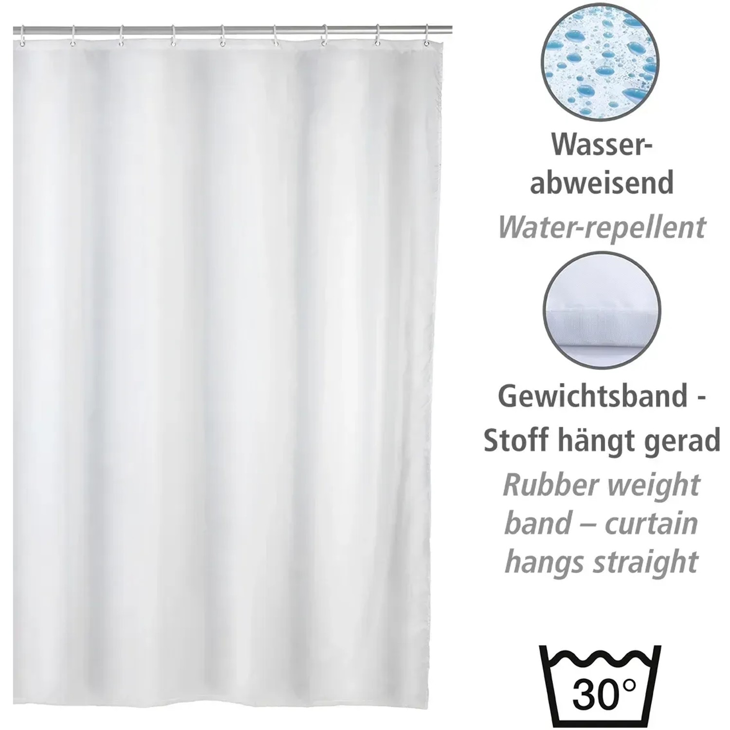 Weißer Wenko Anti-Schimmel Duschvorhang aus Polyester, 120x200 cm.