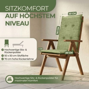 Grüne, gesteppte Florence Hochlehner Auflage auf Holz-Gartenstuhl. 50x50 cm Sitzfläche, 70 cm Rückenlehne für Komfort.
