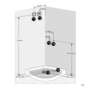 Skizze der AcquaVapore Dampfdusche D46-50M2 90x90 mit Maßangaben zu Anschlüssen.