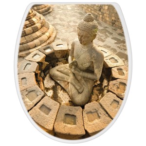 Weißer WC-Sitz mit Absenkautomatik und Buddha Motiv. Duroplast Toilettendeckel für entspanntes Ambiente im Bad.