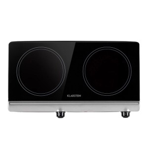 Klarstein Cookbuddy Doppel-Kochfeld aus schwarzer Glaskeramik mit zwei Kochzonen und silberner Basis, ideal für Camping.