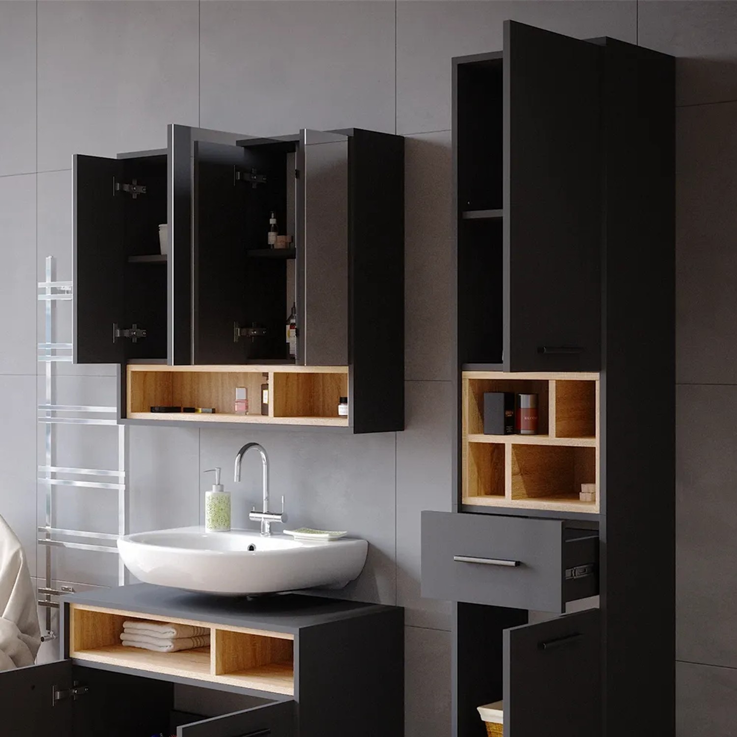 Vicco Badschrank Beatrice in Anthrazit/Sonoma: Hochschrank mit Schublade und Regalfächern.