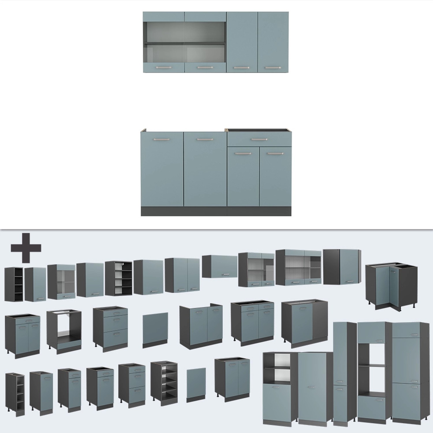 Vicco R-Line Mini-Küche 140 cm in Blau-Grau/Anthrazit, Küchenzeile ohne Arbeitsplatte, modulare Bauweise.