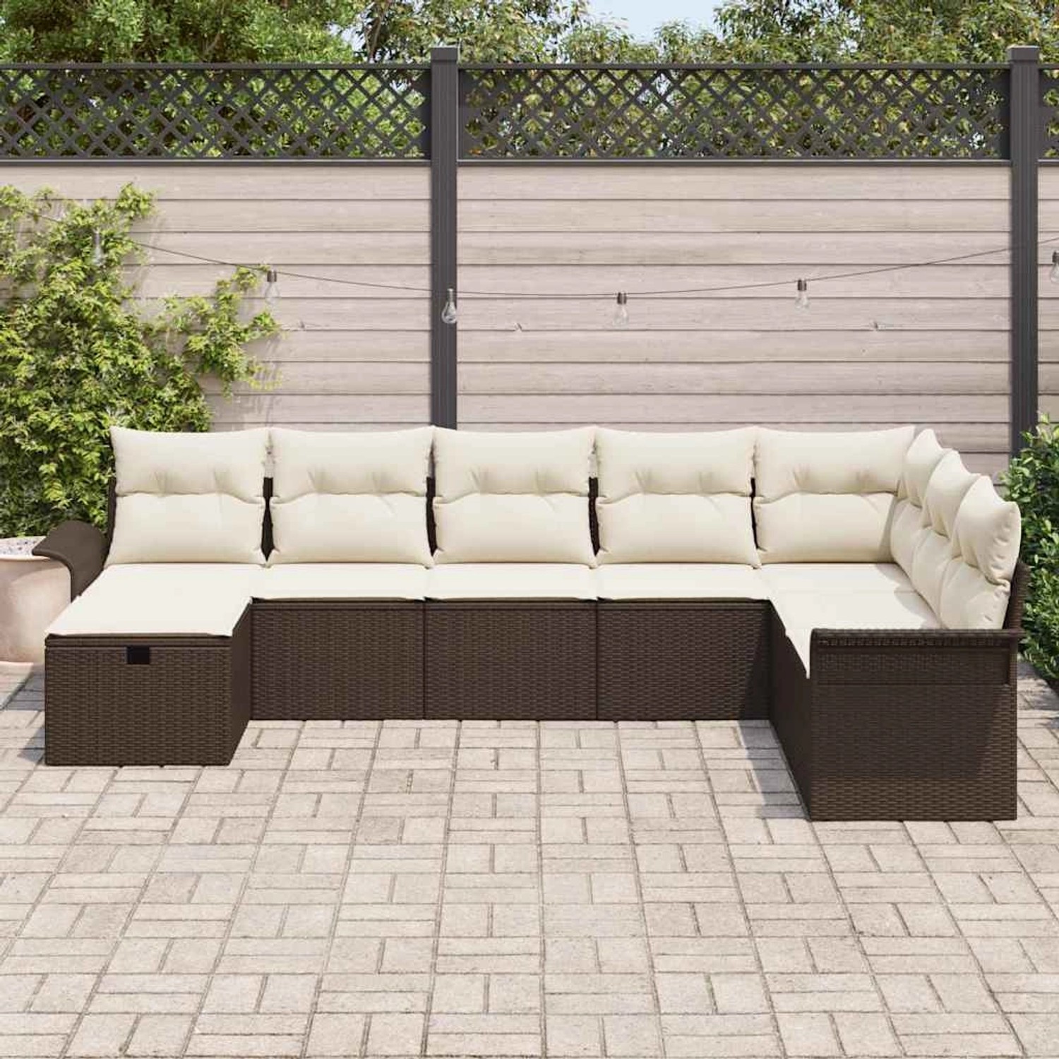 Braunes 8-tlg. vidaXL Garten-Sofa-Set aus Poly Rattan mit Kissen und Stauraum.