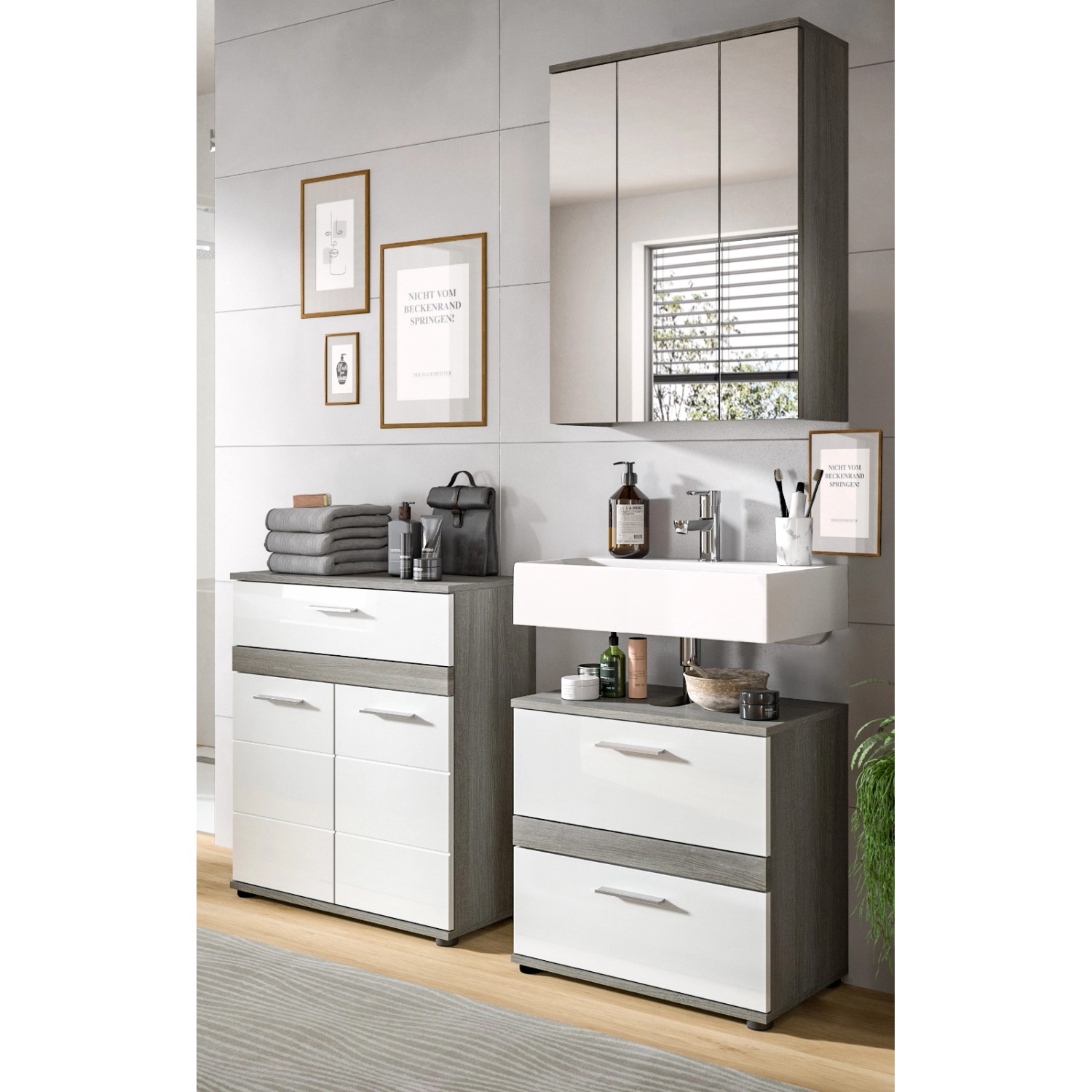 Inn.Furn Badmöbel-Set 3-teilig Weiß Hochglanz Grau 146 cm Bailey günstig online kaufen