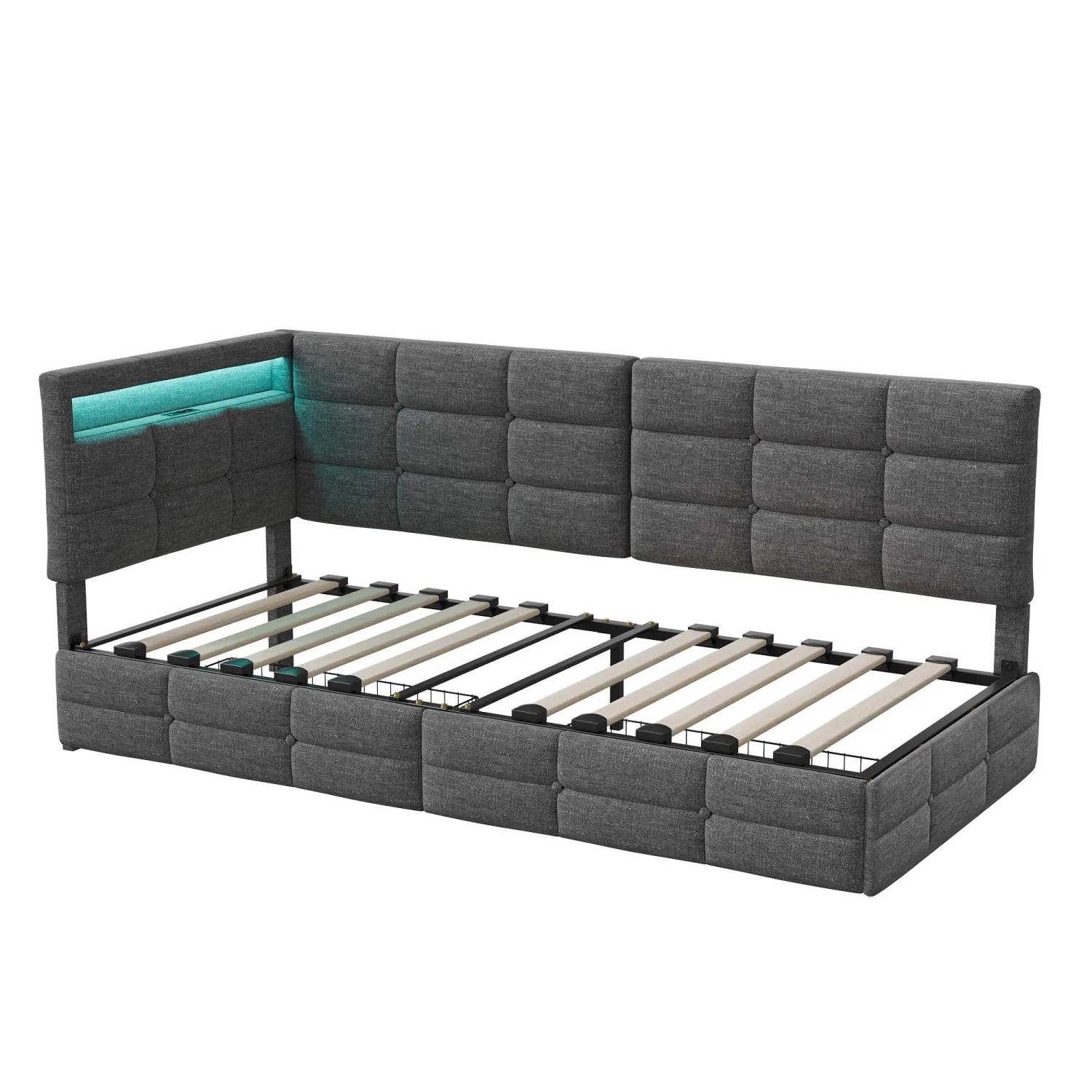 PXloue Polsterbett Schlafsofa 90x200cm mit LED-Beleuchtung Ladestation und Schubladen Grau