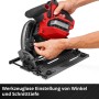 Einhell Akku-Tauchsäge TP-PS 18/165: Hand justiert Schnitttiefe/Winkel. Rot-schwarzes Design.