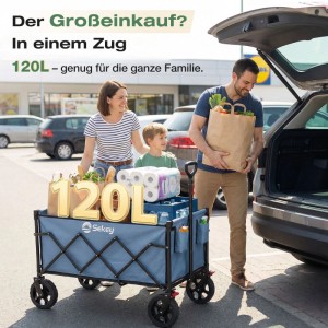 Sekey Bollerwagen, faltbar, blau, mit Einkäufen beladen, Familie beim Ausladen am Auto.