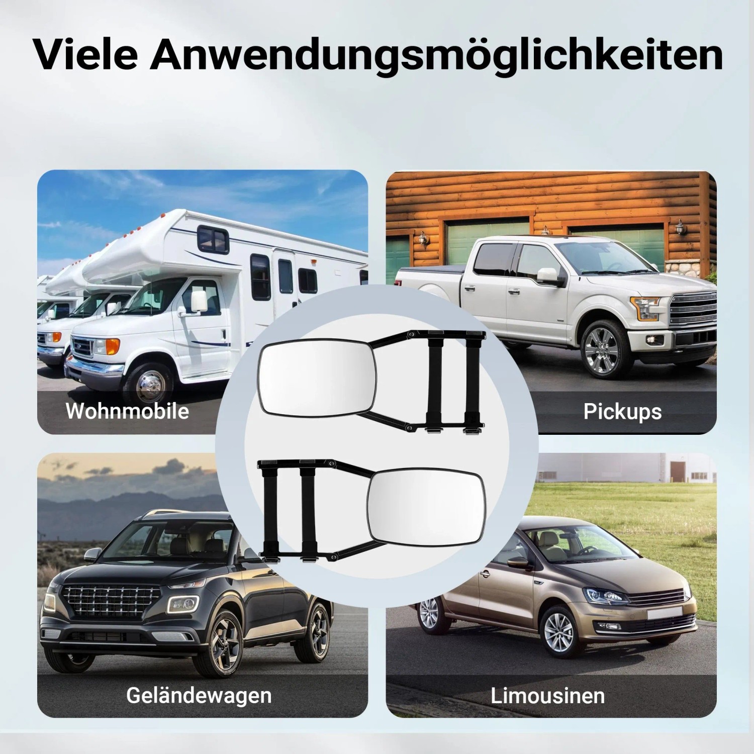 Zwei Wiltec Wohnwagenspiegel, universal einsetzbar an Wohnmobilen, Pickups, SUVs und Limousinen.
