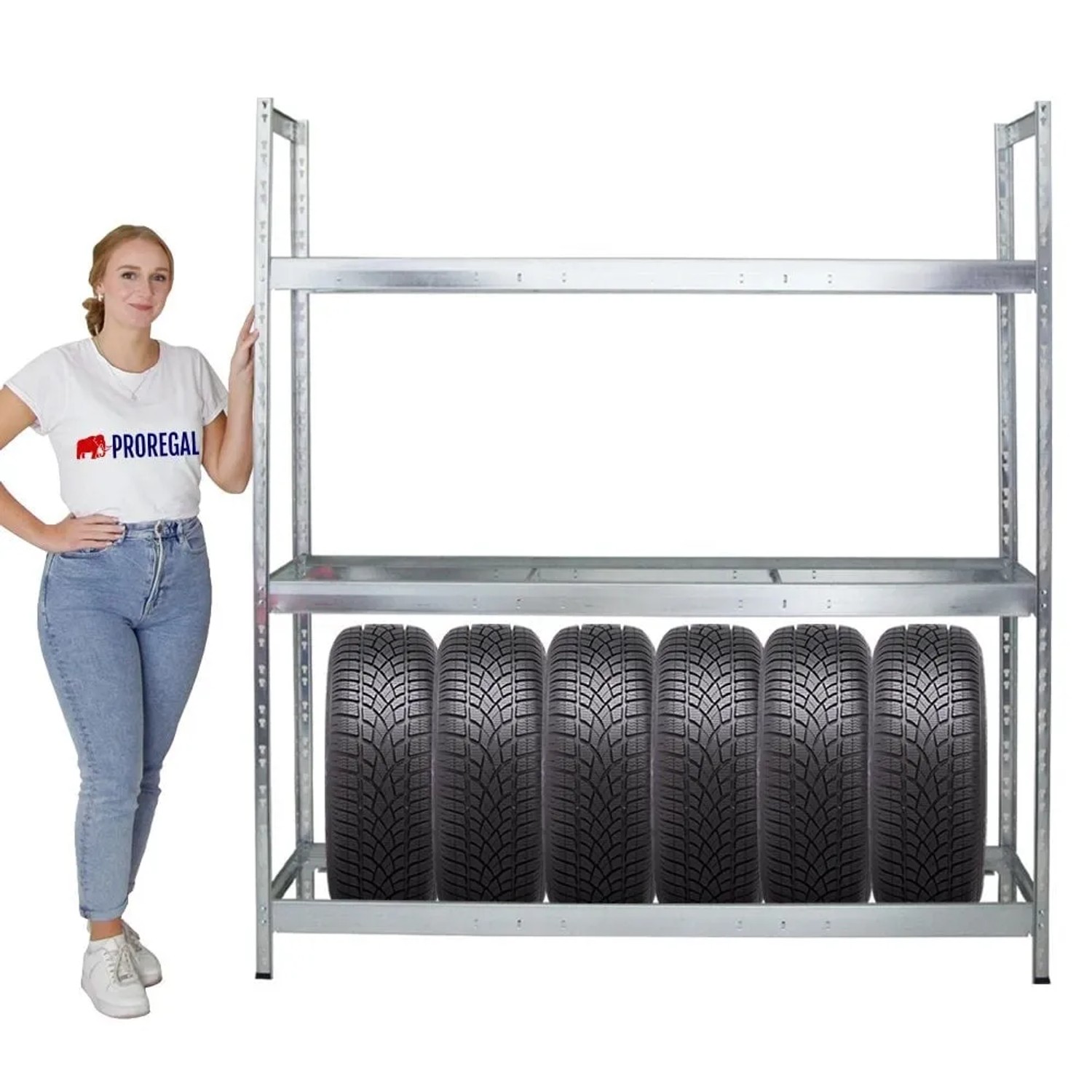 PROREGAL Reifenregal Tiger XL mit 6 Reifen auf einer Ebene. Verzinktes Metallregal.