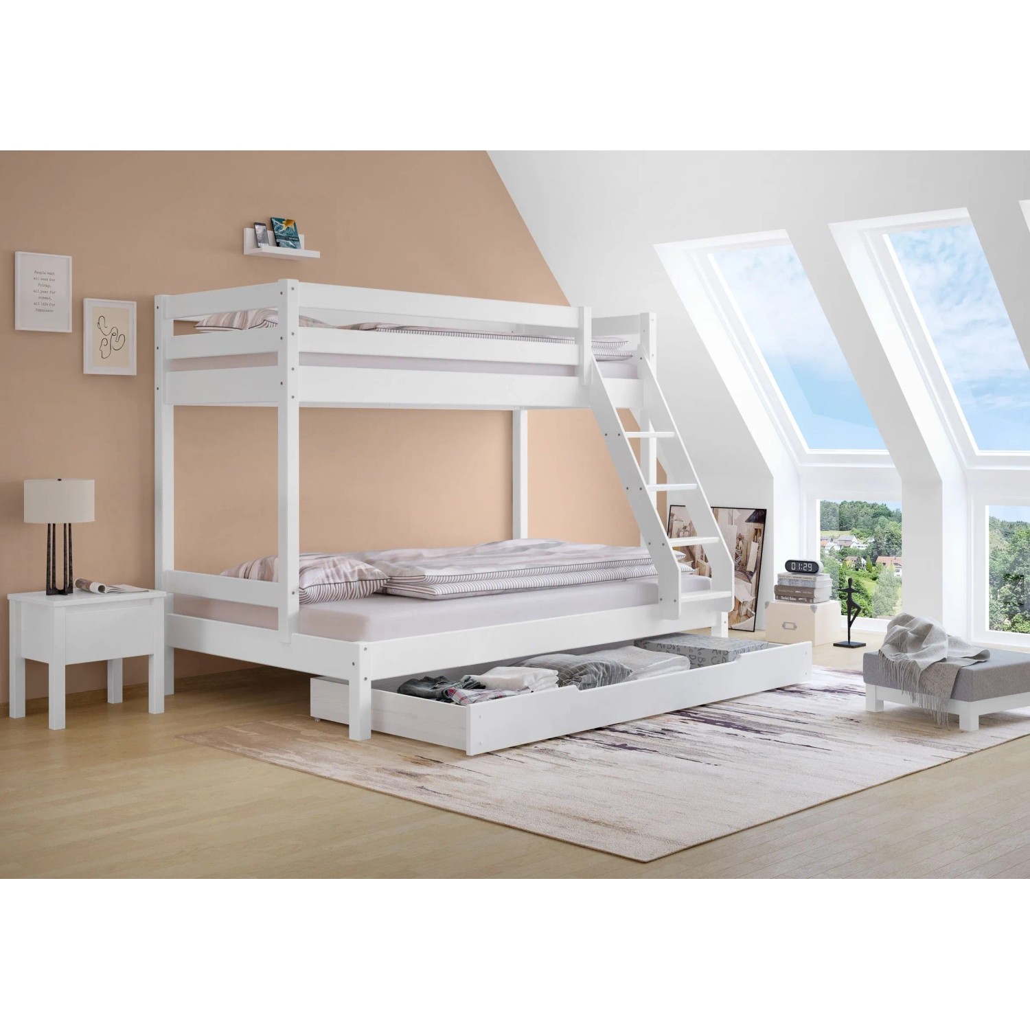 Erst-Holz Doppel Stockbett 80 x 200 cm / 120 x 200 cm für Erwachsene Weiß Modell 18 Rollrost und Bettkasten inkl.