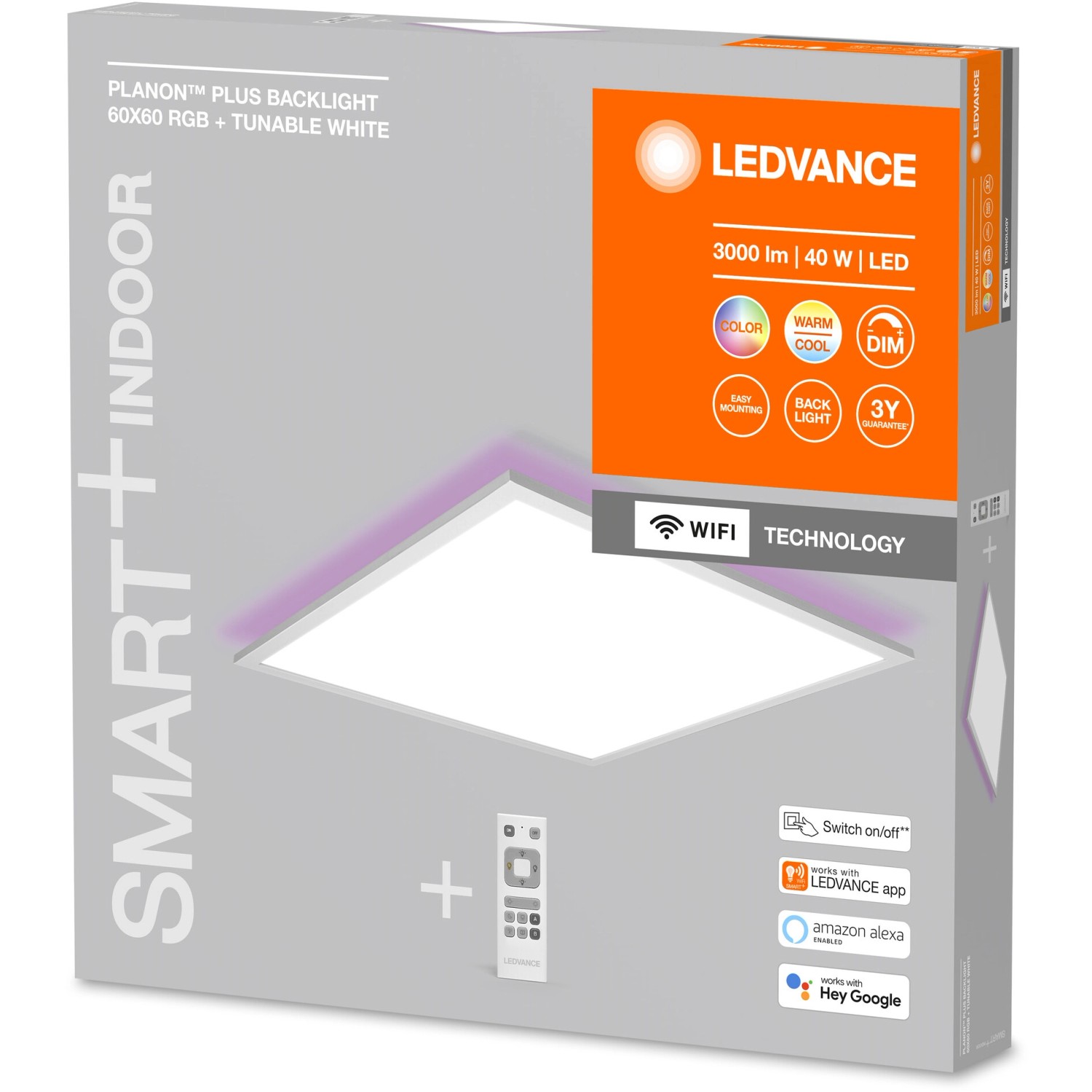 Ledvance Smart LED-Panel Planon Plus mit Backlight, 60x60 cm, weiß, inklusive Fernbedienung.