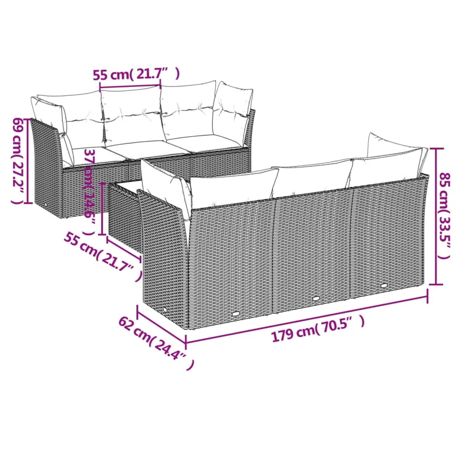 Beige 7-tlg. vidaXL Garten-Sofagarnitur aus Polyrattan mit Kissen für Terrasse und Garten.