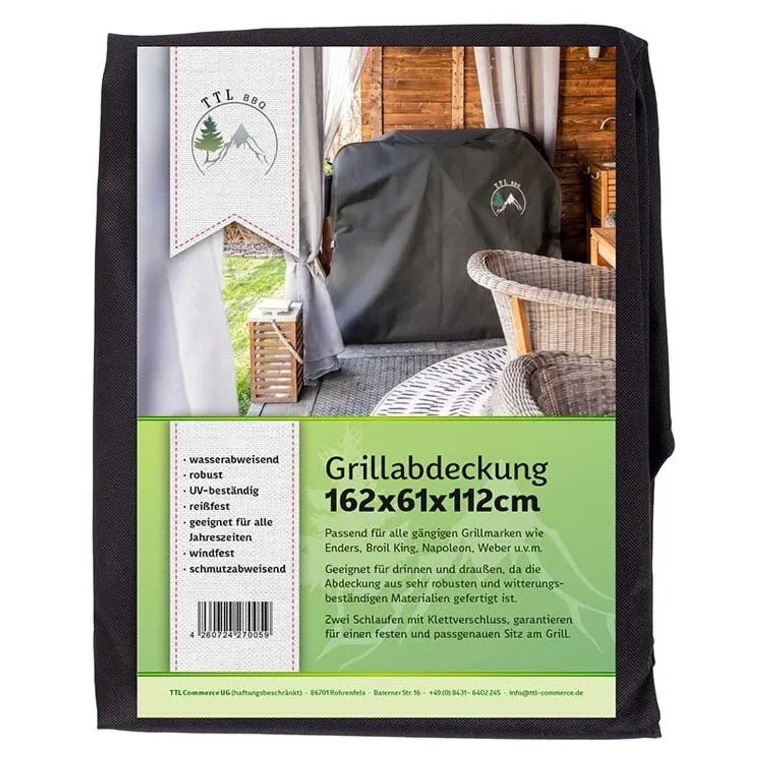 Schwarze TTL GARDEN Grillabdeckung 162x61x112cm aus wetterfestem 600D Oxford Gewebe für Gasgrills.