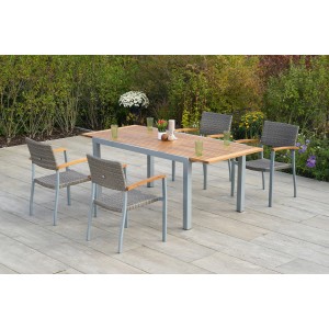 Merxx Silano Gartenmöbel-Set mit Ausziehtisch und 4 Stühlen aus Aluminium, Akazie und Kunststoffgeflecht.