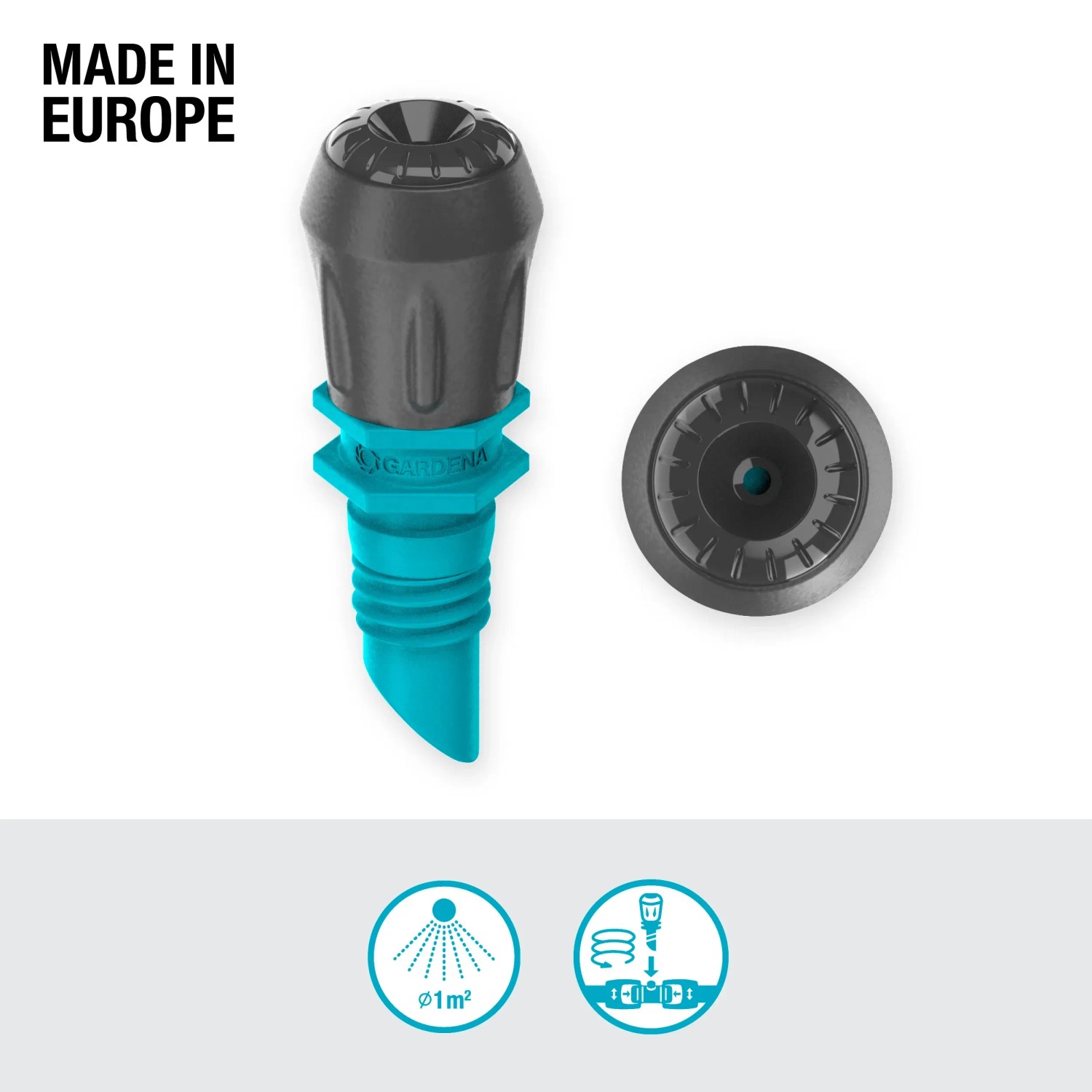 Gardena Nebeldüsen 5er-Set für Micro-Drip Bewässerung von oben. Düsen in Türkis und Grau.