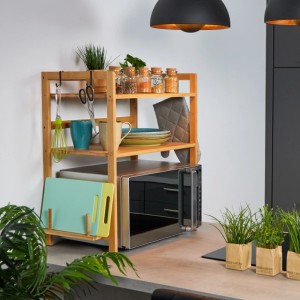 Relaxdays Mikrowellenregal Bambus Natur Rutschsicher mit Haken 67 cm x 61 cm x 35 cm 5,4 kg