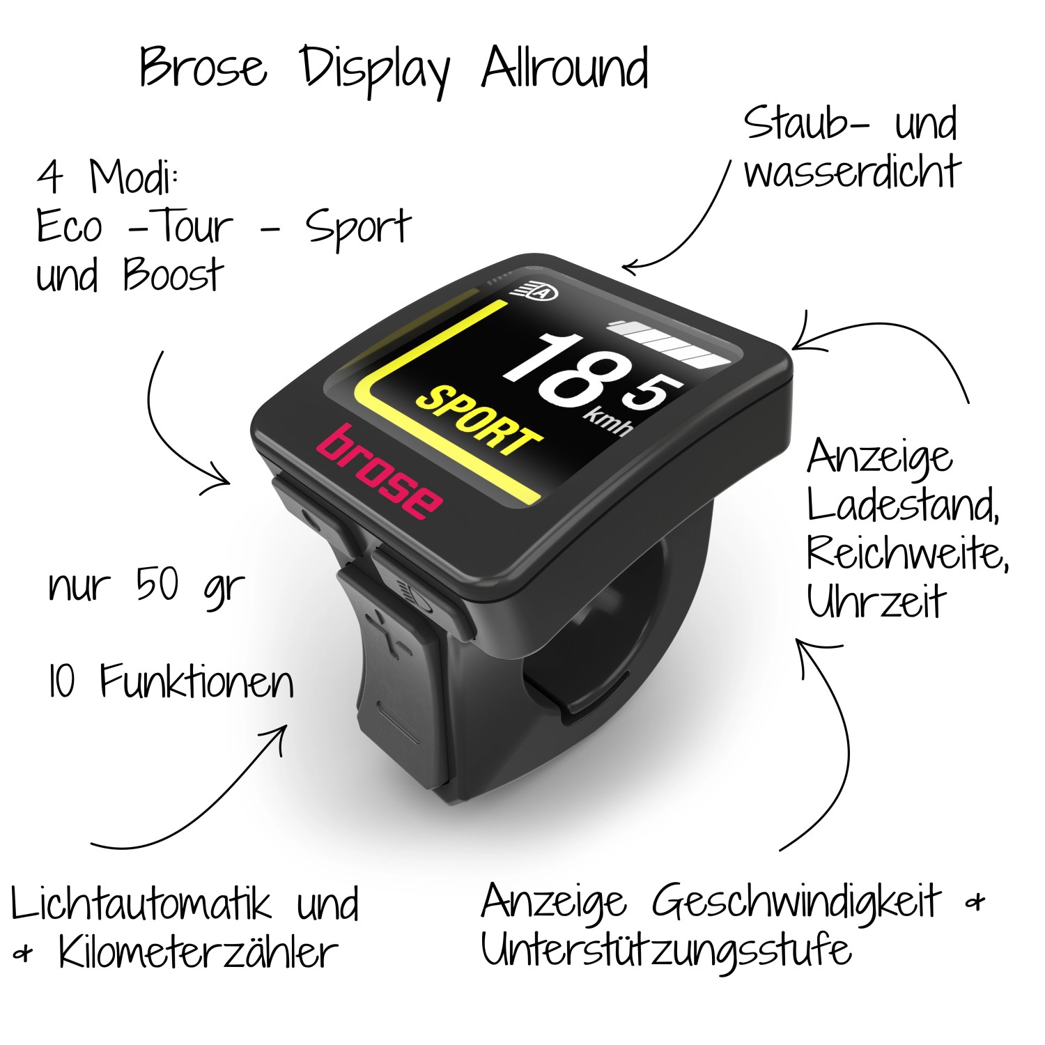 Brose Allround Display für Fischer E-Bike: Anzeige von Geschwindigkeit, Akku und Fahrmodi.