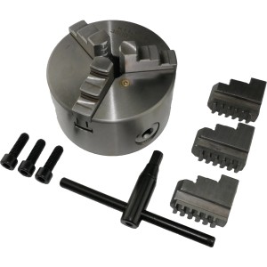 Rotwerk 3-Backenfutter 10 cm mit Spannbacken und Schlüssel für Drehmaschinen.