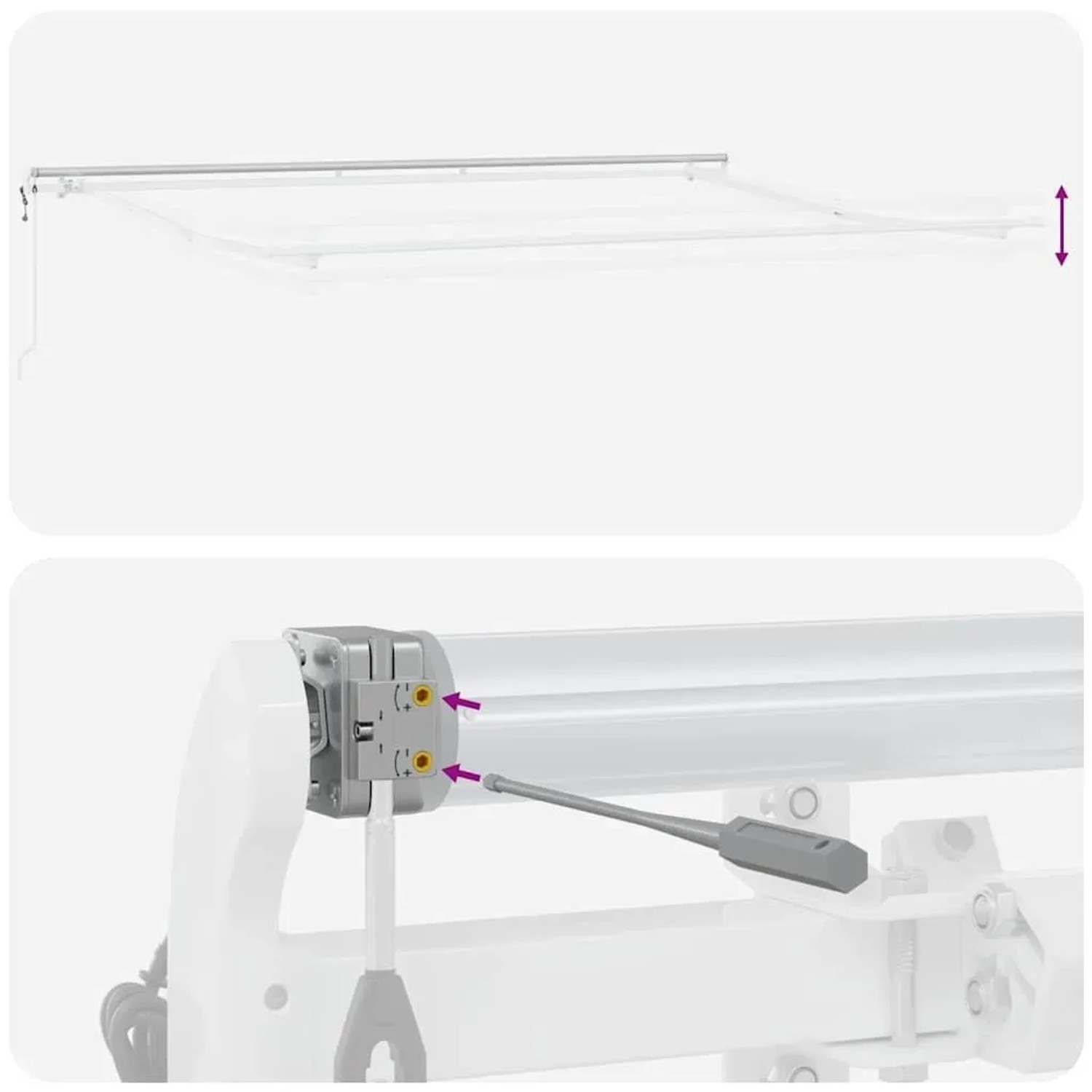 Einstellmechanismus einer weißen einziehbaren Markise. Detailansicht der Höhenverstellung mit Werkzeug.